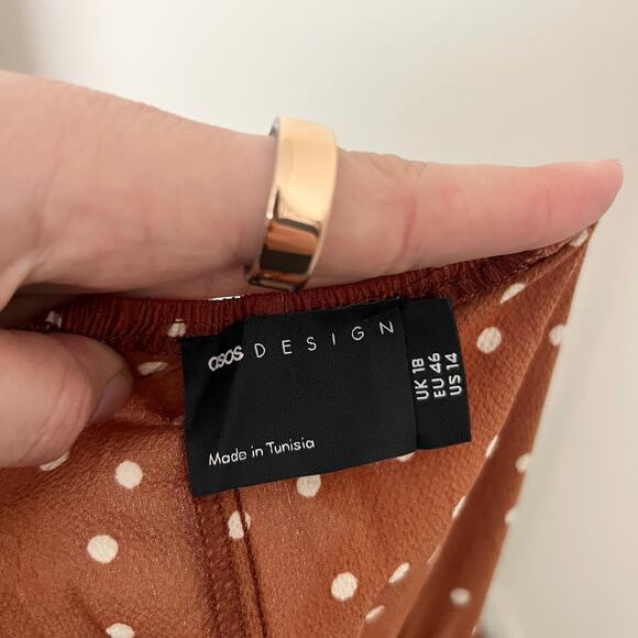 [ASOS] Brown White Polka Dot Print Babydoll Shirred Puff Sleeve Mini Dress Sz 14 - Picture 10 of 11